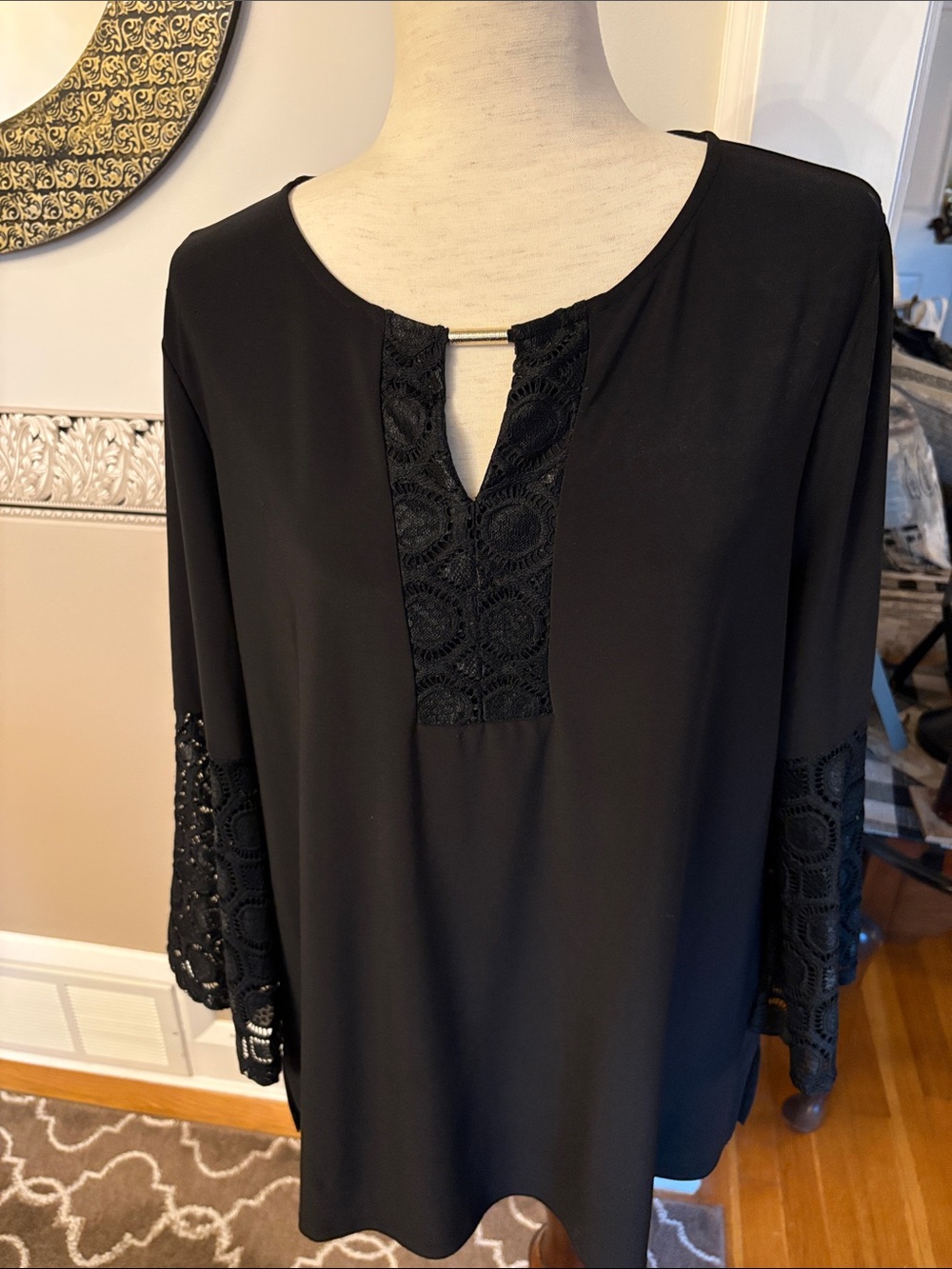 XL like new no tags not worn Black Lace Trim Keyhole Blouse open work sleeves